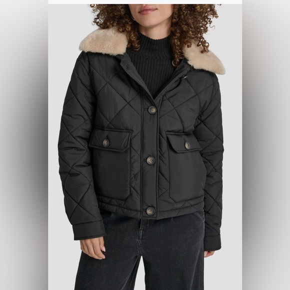 DKNY crop culted black Jacket with Faux Fur Trim/size L - Picture 1 of 7